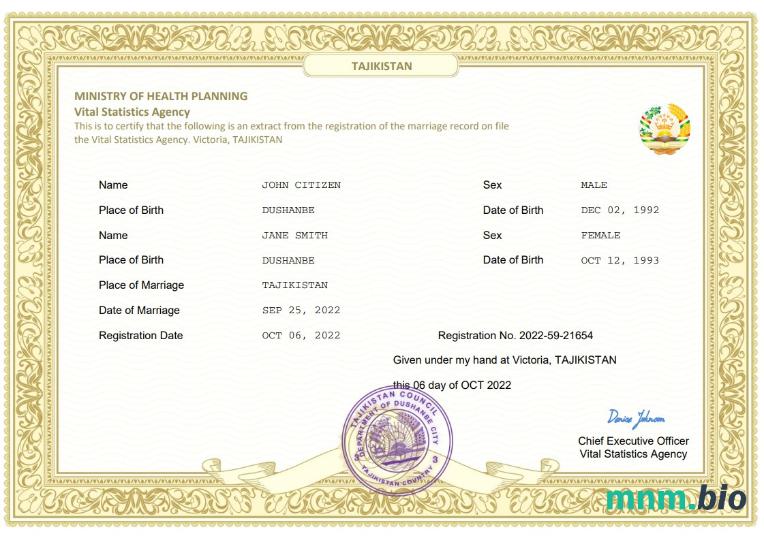 Tajikistan akt małżeństwa Word i PDF szablon